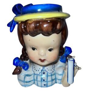 1950s Napco Head Vase Planter Girl with Pigtails & Blue Bows - Japan Vintage